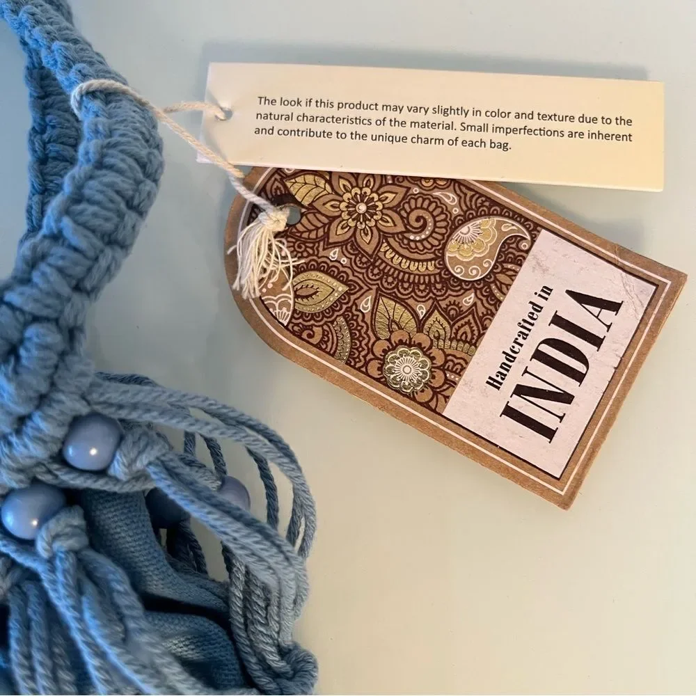 NWT Boho Blue Macrame Beaded Shoulder Bag Woven Crochet Hippie Purse Festival
